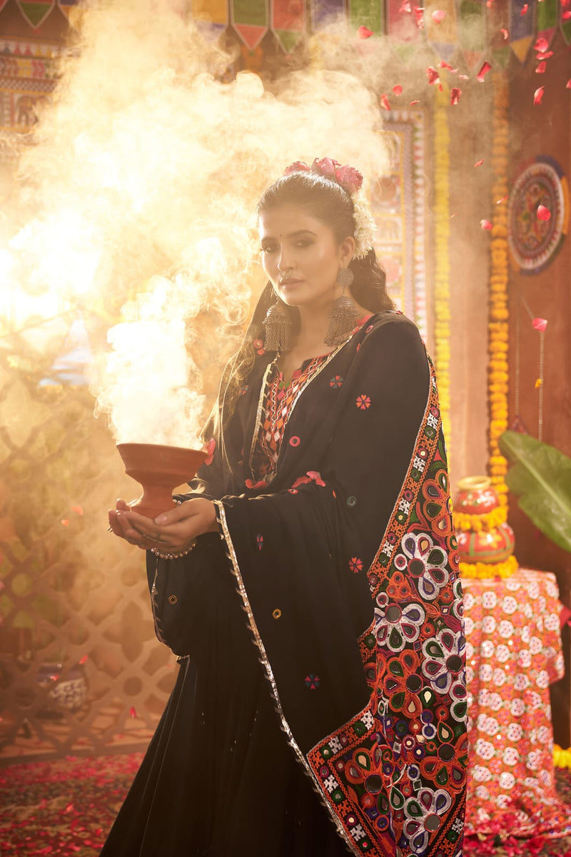 Festive black chaniya choli with embroidery