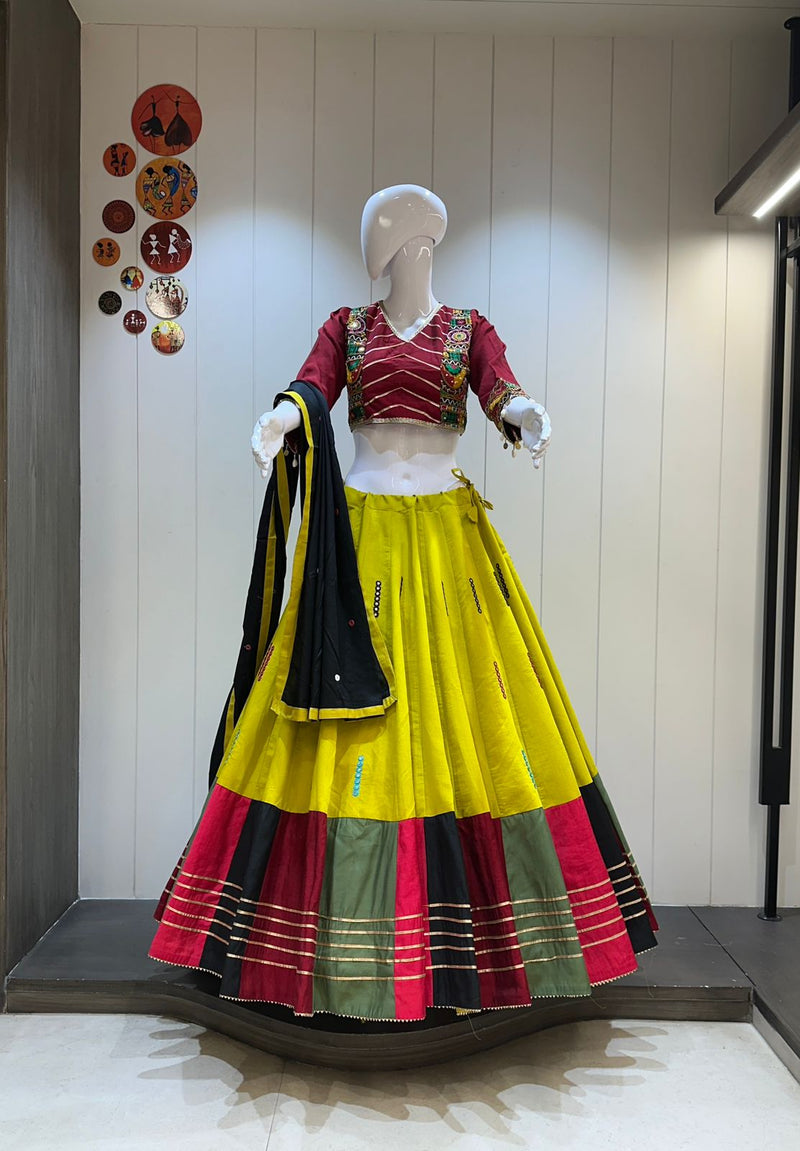 Yellow multicolor chaniya choli with red blouse