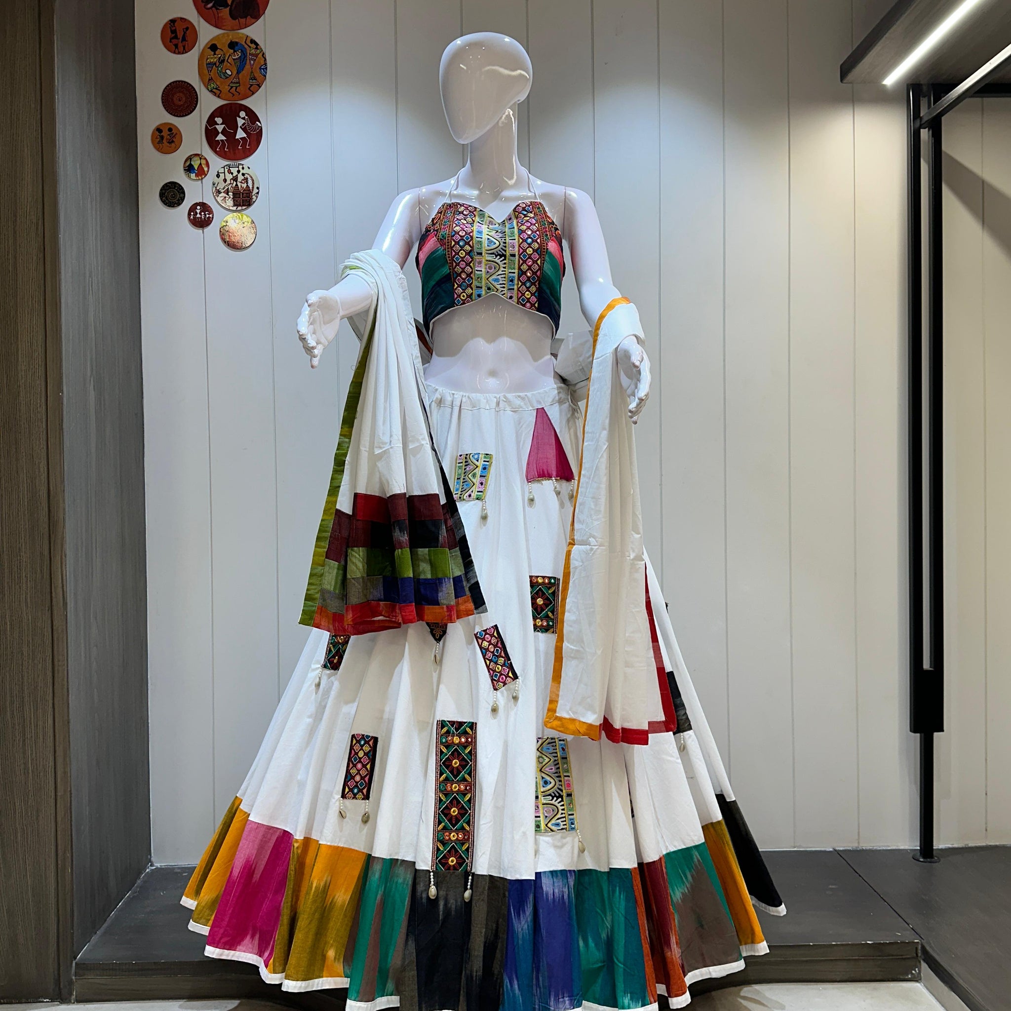 White chaniya choli with colorful patch embroidery
