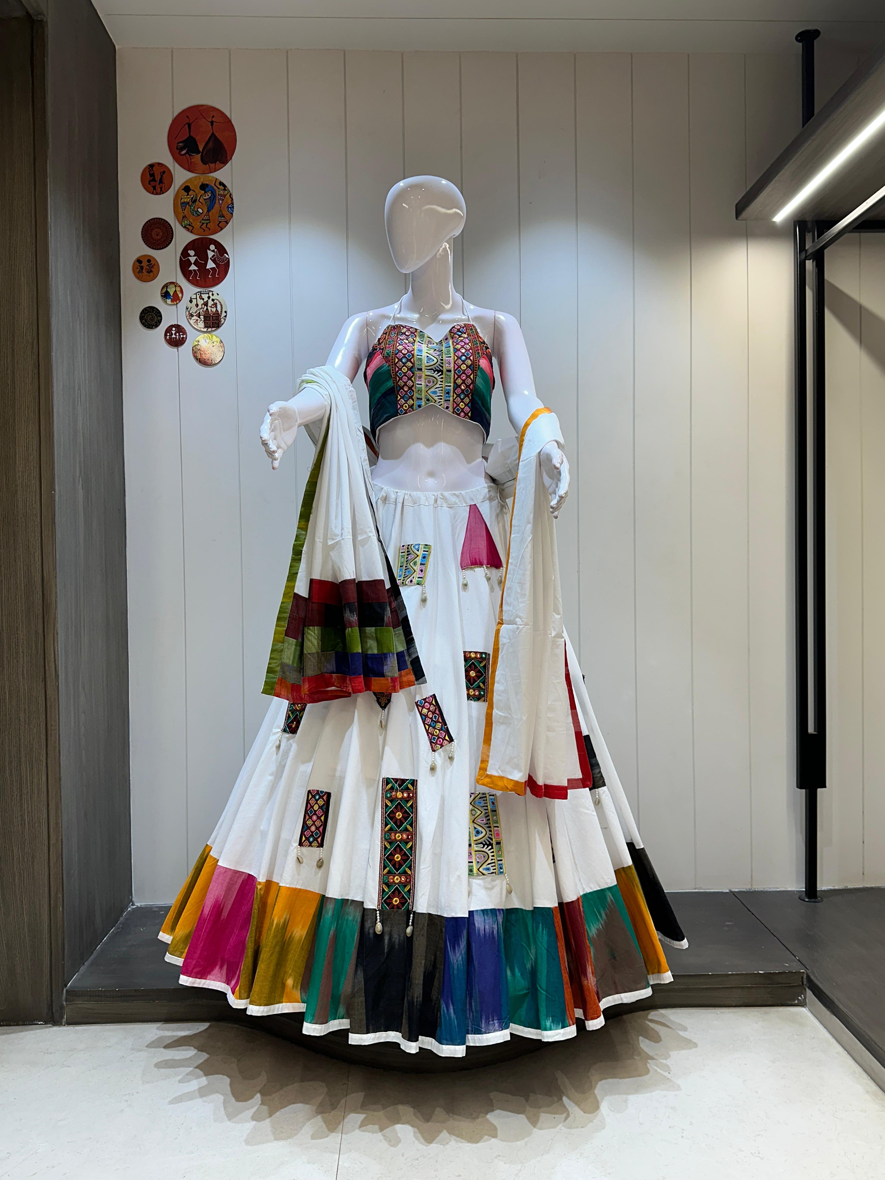 White chaniya choli with colorful patch embroidery