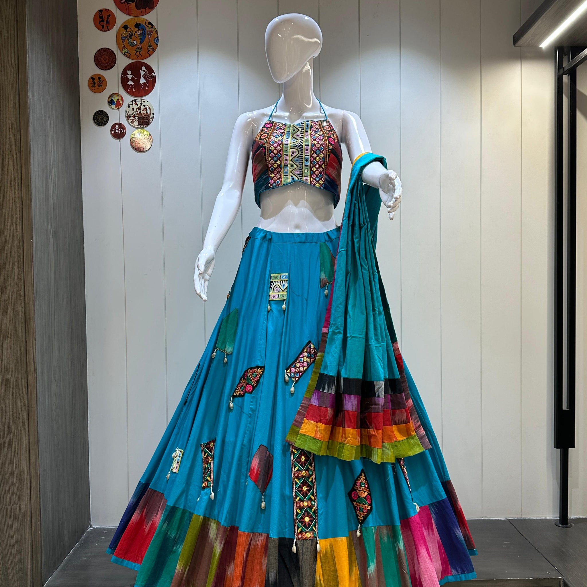 Teal khadi chaniya choli with gamthi blouse