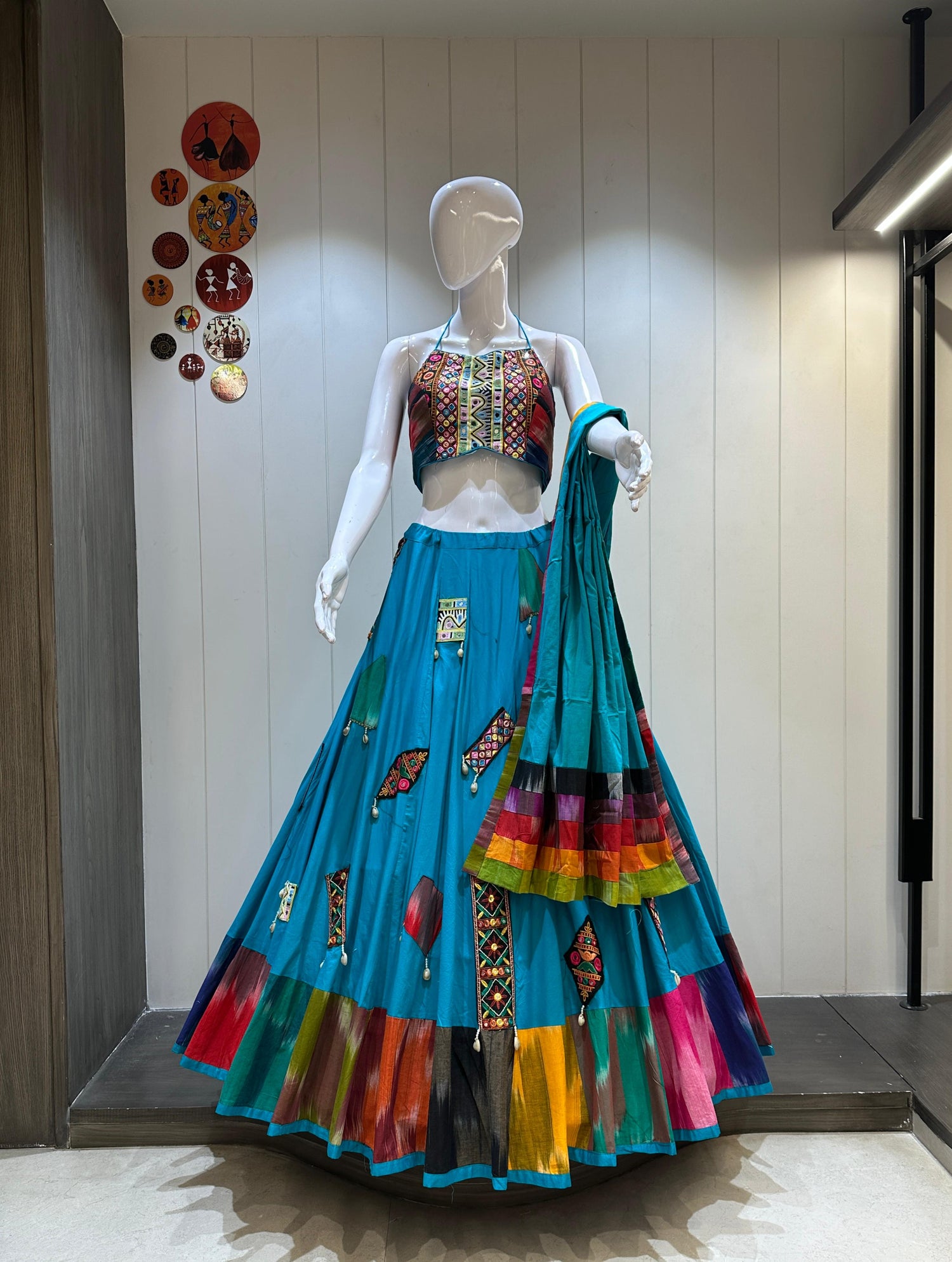 Teal khadi chaniya choli with gamthi blouse