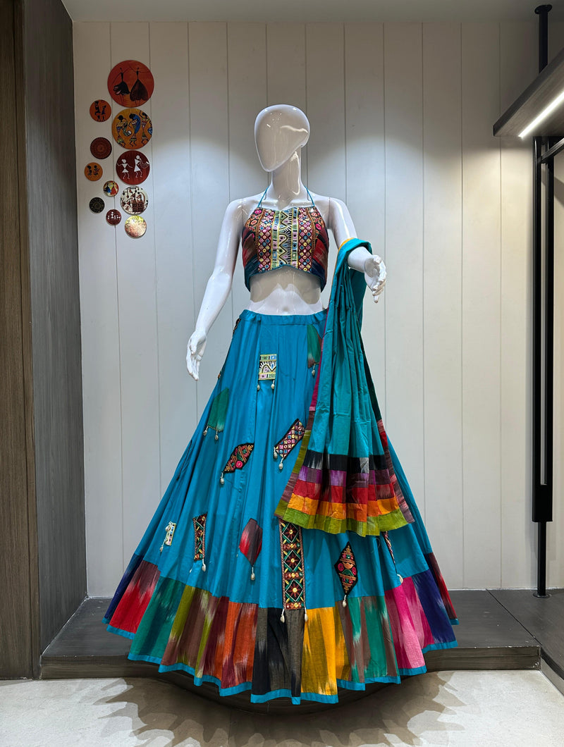 Teal khadi chaniya choli with gamthi blouse