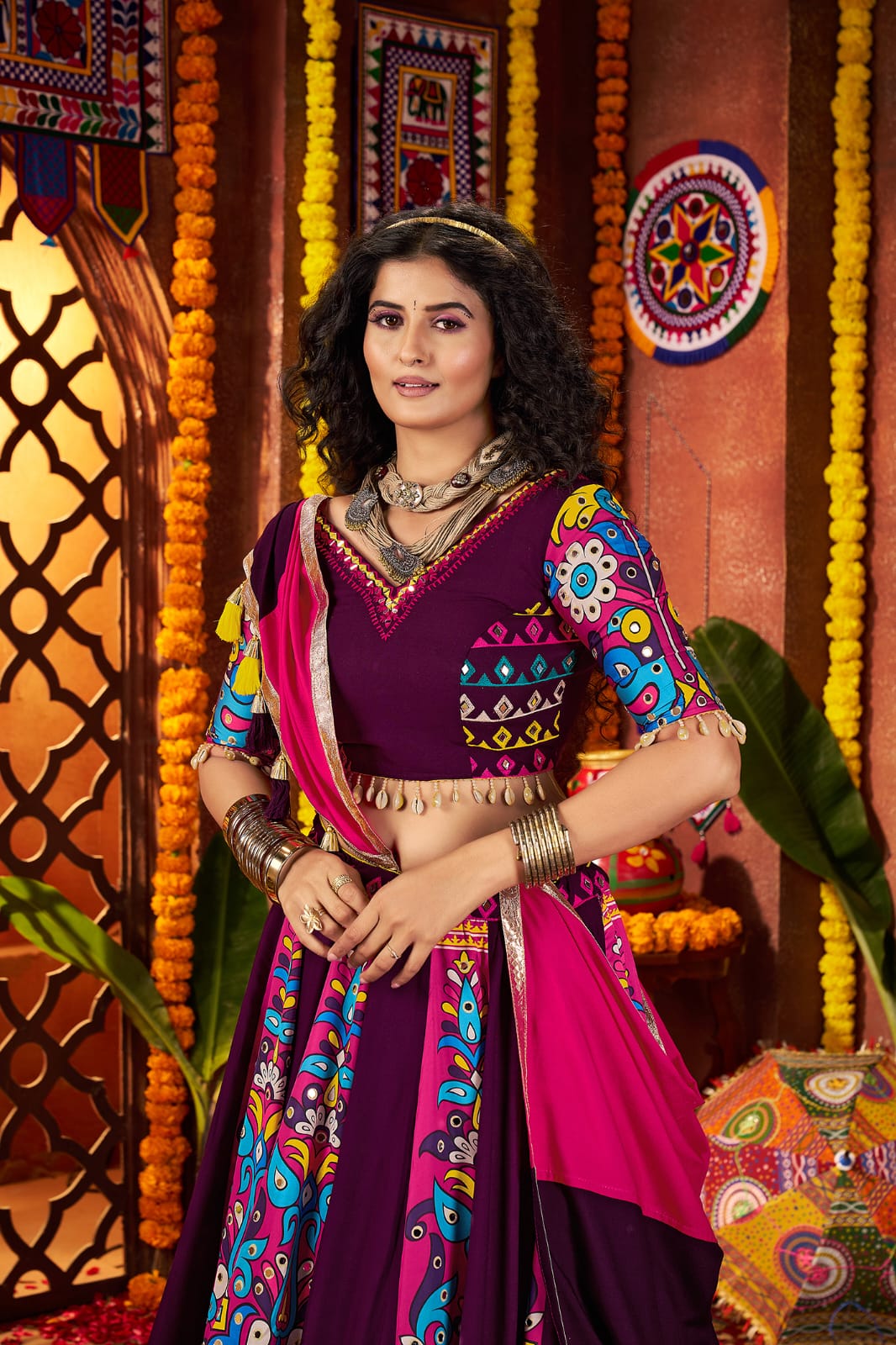 Purple Navratri Chaniya Choli with mirror work

