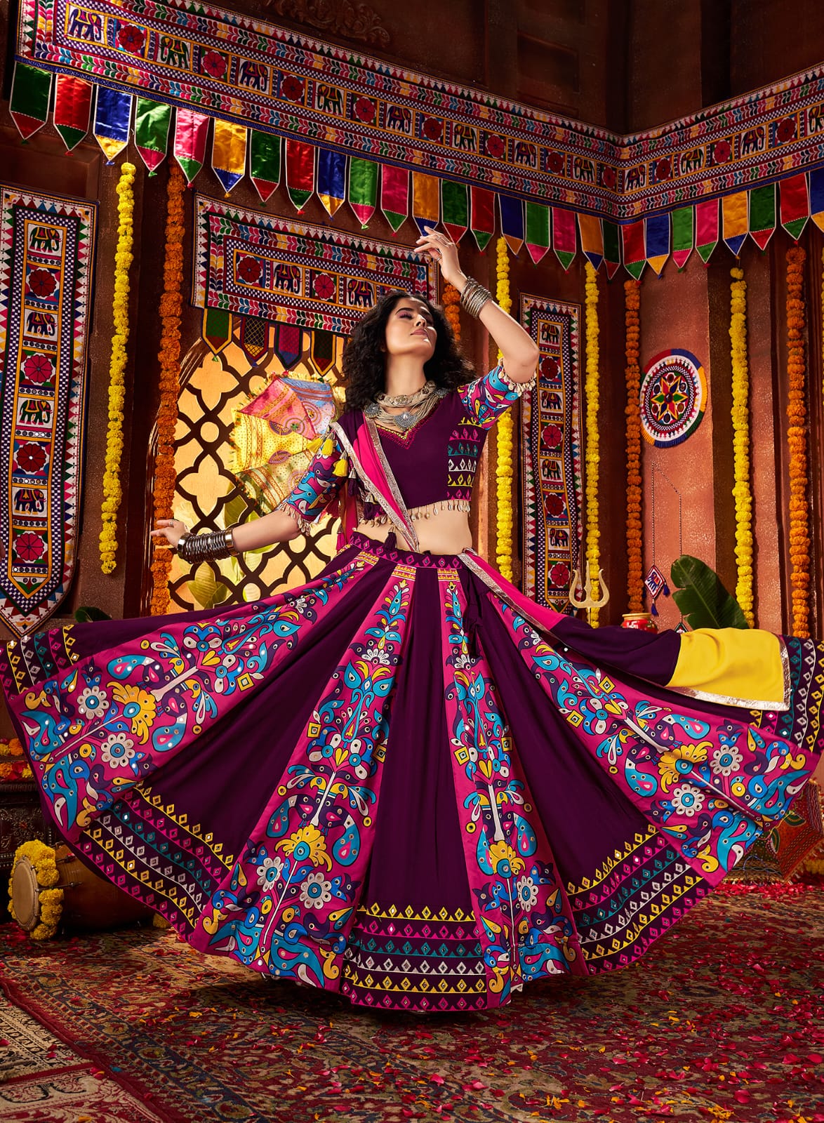 Purple Navratri Chaniya Choli with mirror work

