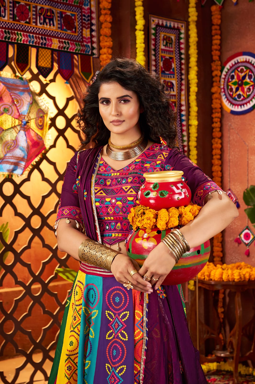 Multicolor Navratri chaniya choli with mirror work

