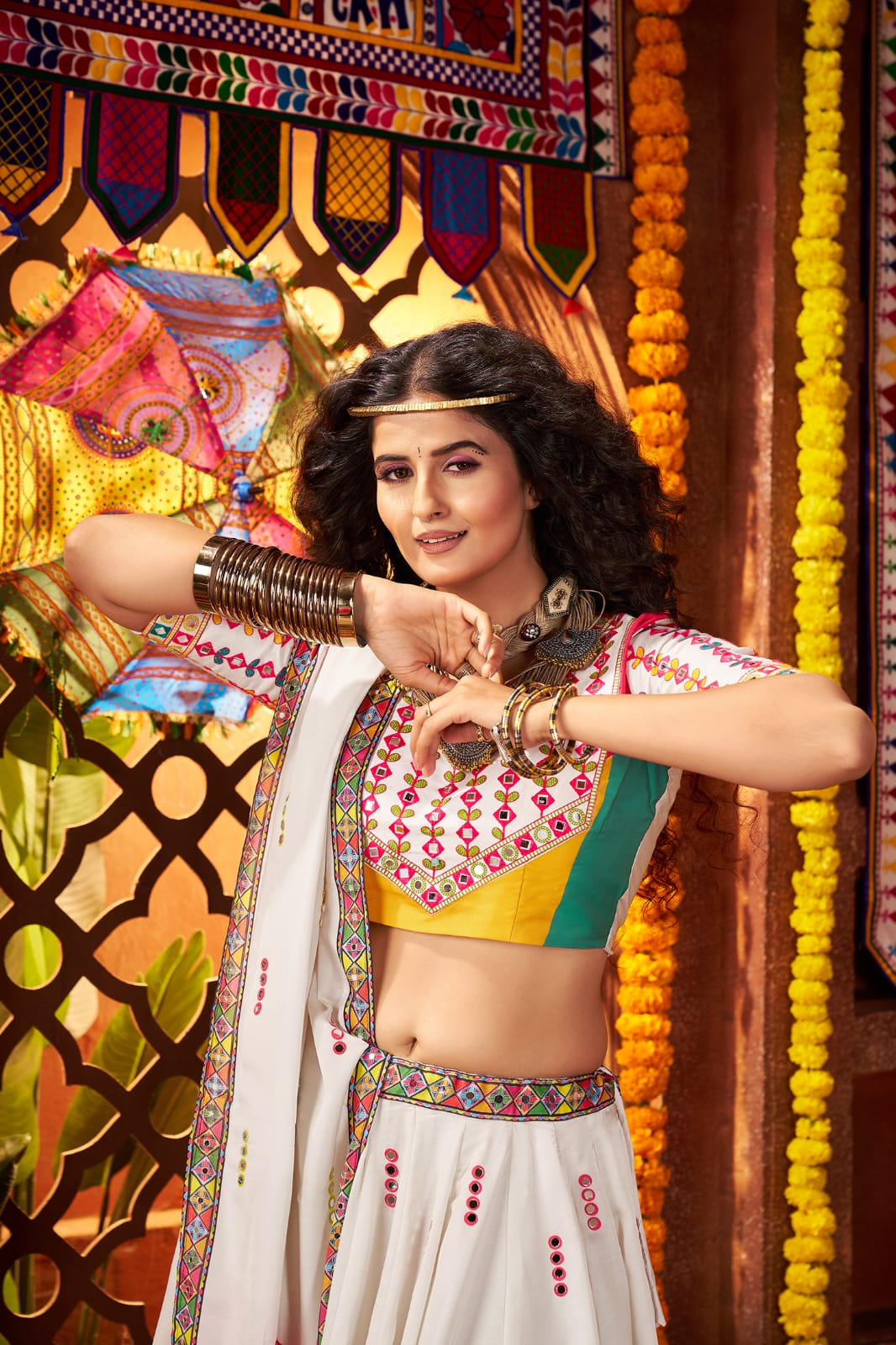 Mirror print chaniya choli white

