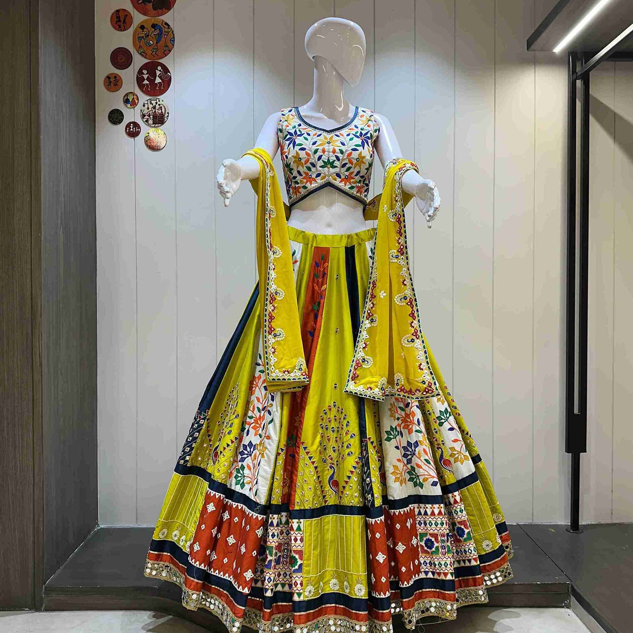 Traditional gamthi work yellow cotton chaniya choli for Navratri 