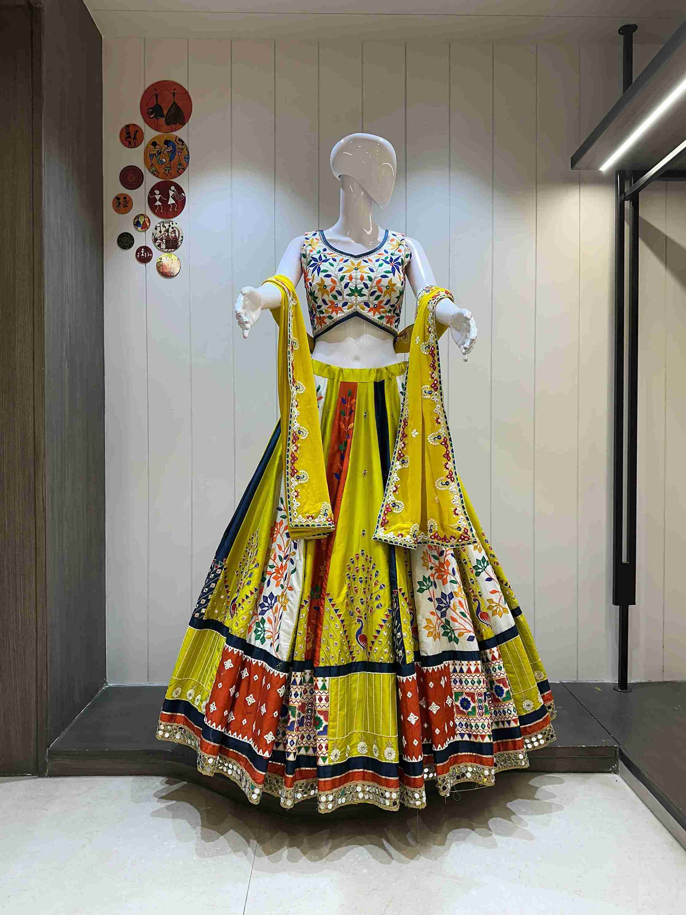 Traditional gamthi work yellow cotton chaniya choli for Navratri 