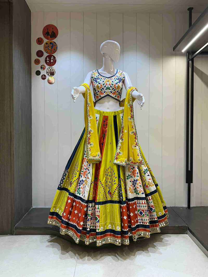 Traditional gamthi work yellow cotton chaniya choli for Navratri 