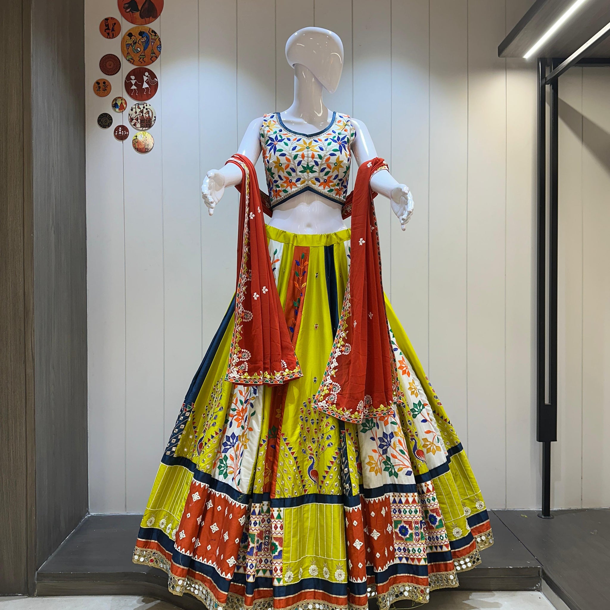 Yellow Navratri lehenga choli with red dupatta