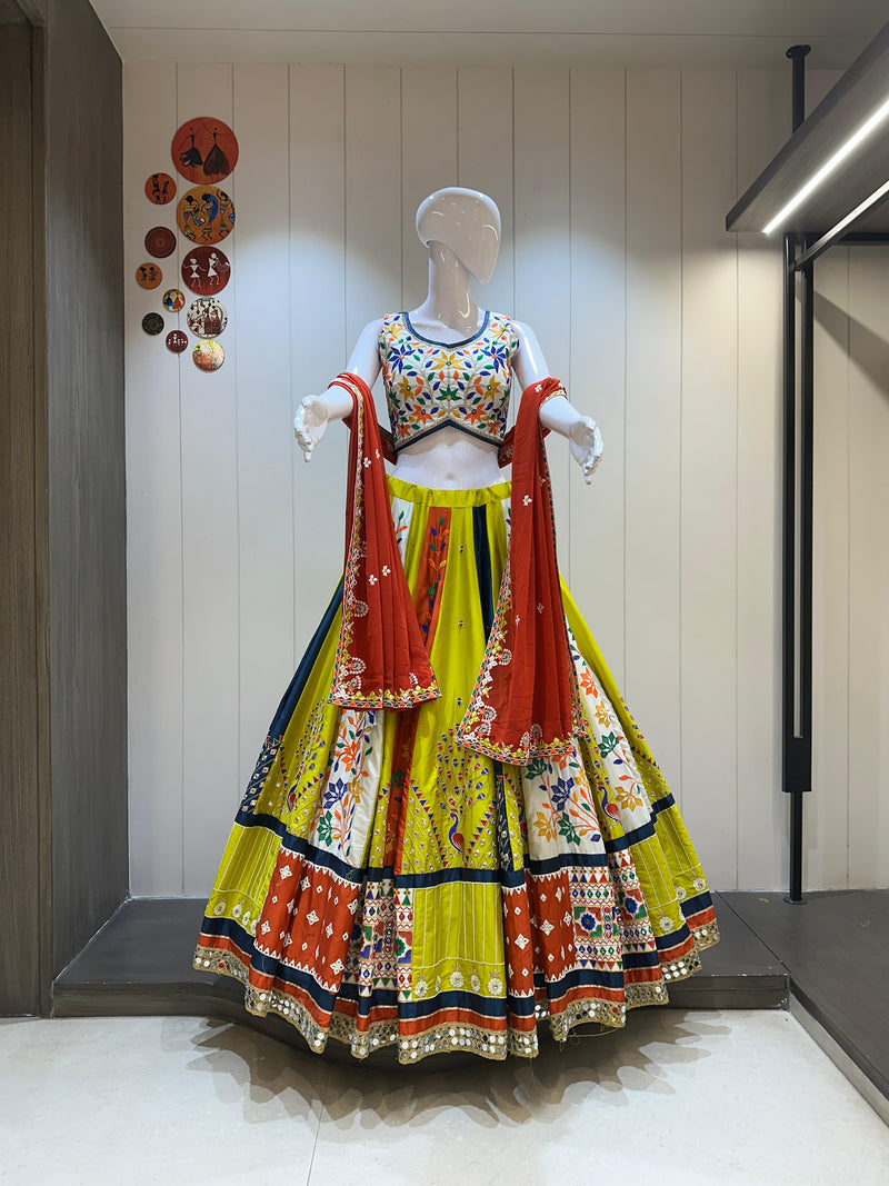 Yellow Navratri lehenga choli with red dupatta
