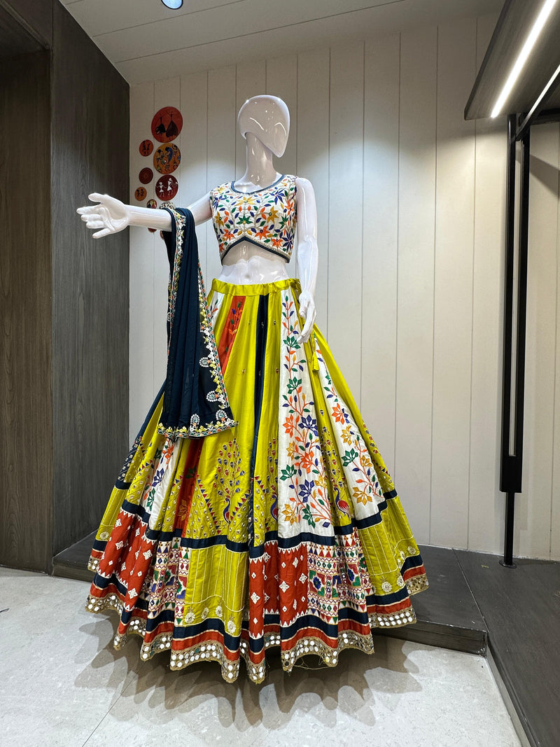 Ethnic yellow navy blue chaniya choli with Gamthi handwork for women