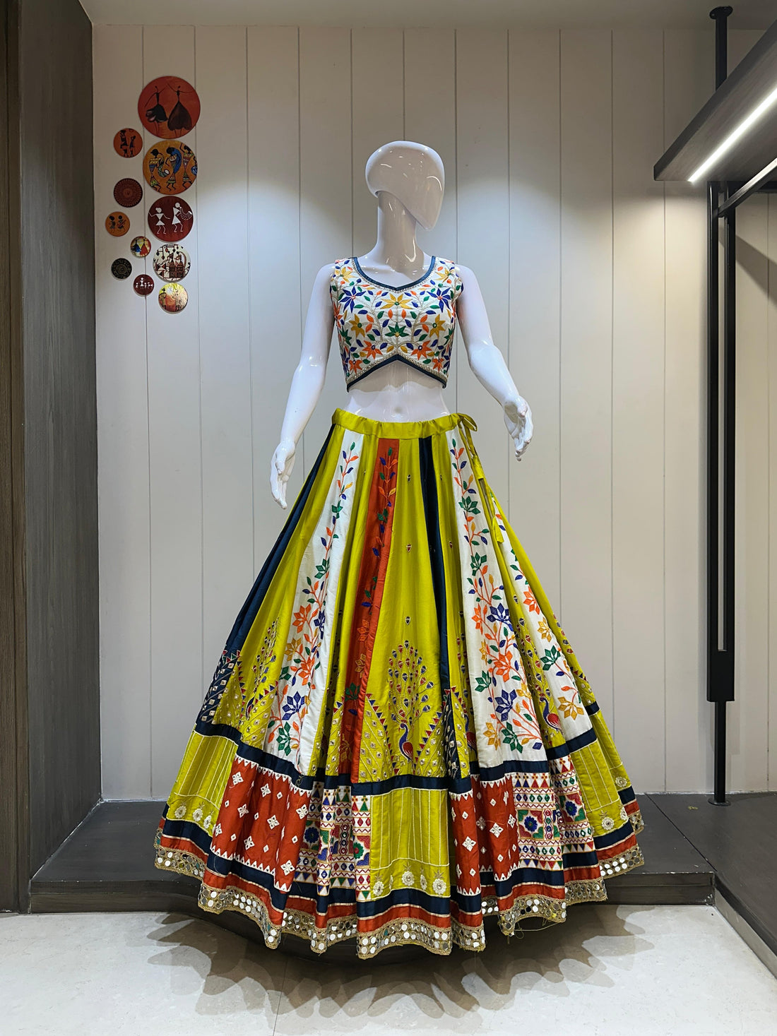 Yellow and navy blue Gamthi work chaniya choli for Navratri