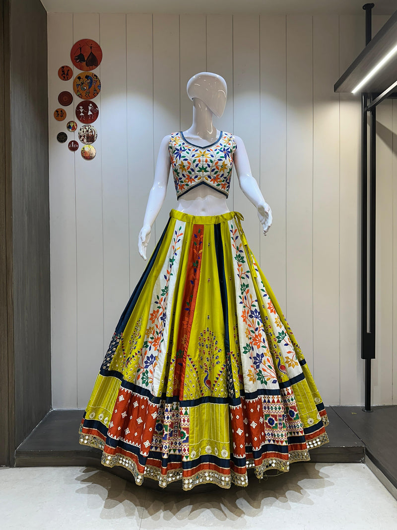 Traditional Gamthi embroidered chaniya choli in yellow and navy blue