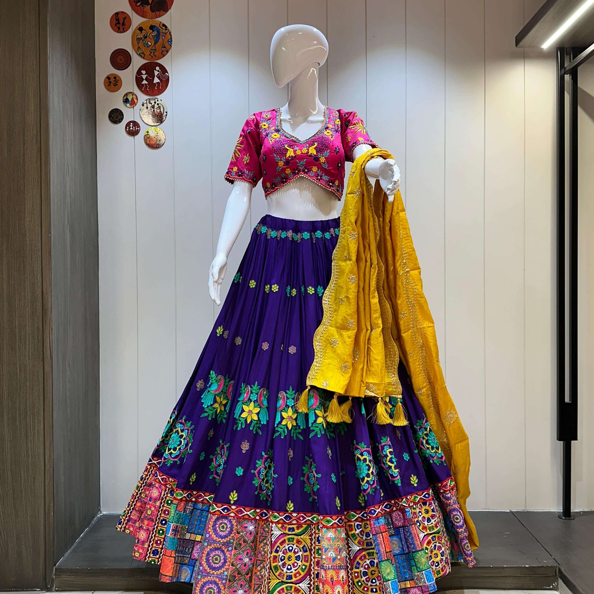 Pink blouse purple chaniya choli with yellow dupatta for Garba