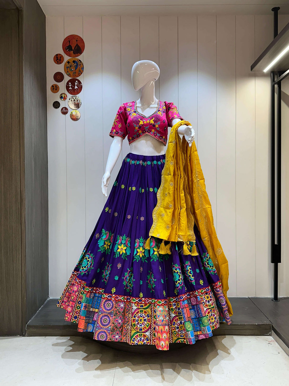 Pink blouse purple chaniya choli with yellow dupatta for Garba