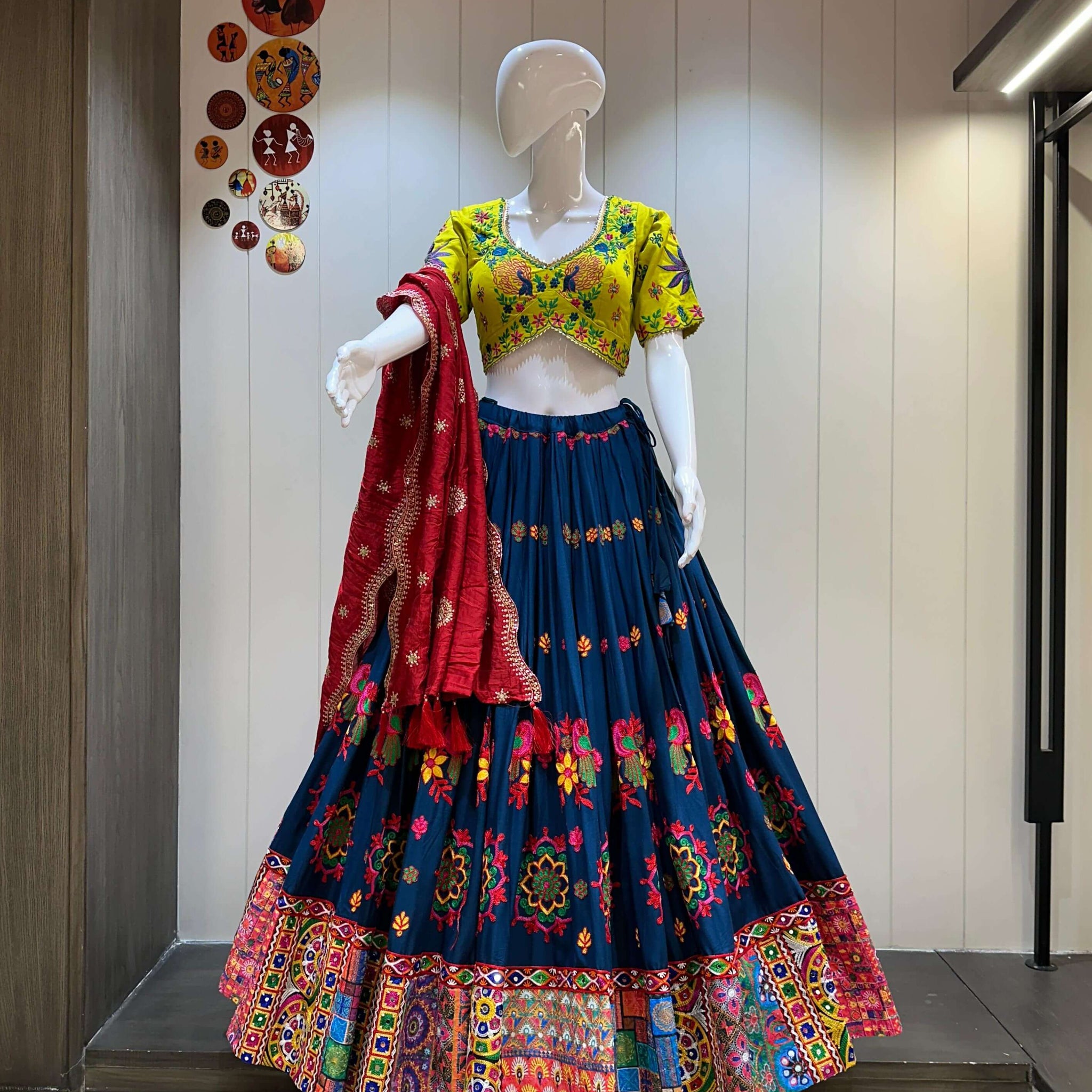 Yellow blouse navy blue chaniya choli with red dupatta for Navratri