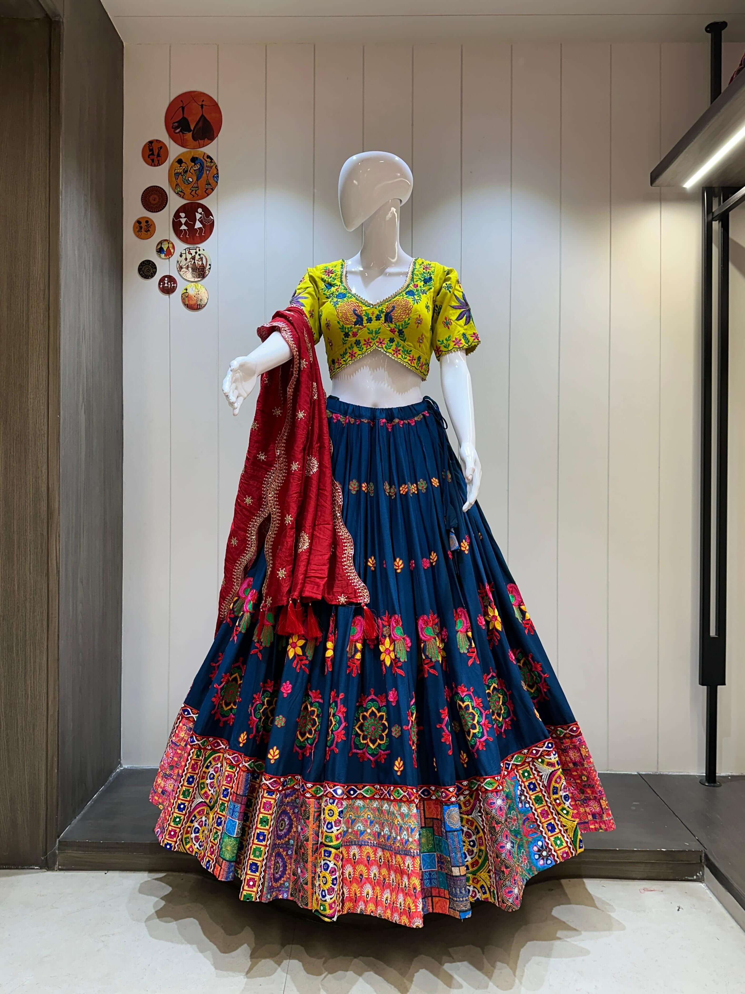 Yellow blouse navy blue chaniya choli with red dupatta for Navratri