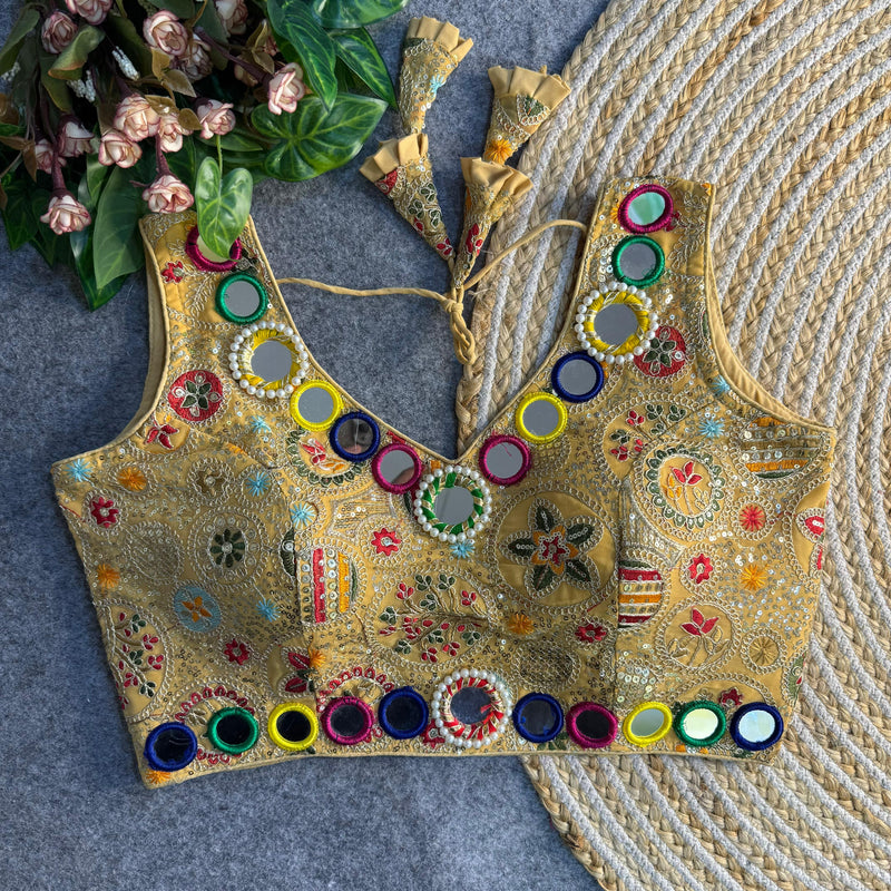Mustard Faux Georgette Multi Mirror Work Navratri Blouse