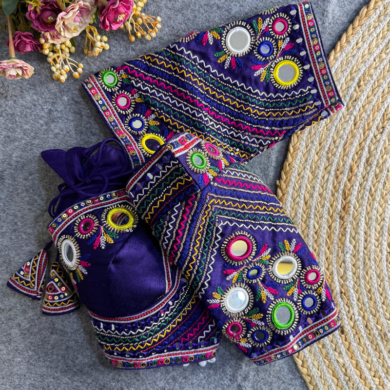 Blue Heavy Italian Gamthi Real Mirror Work Navratri Blouse