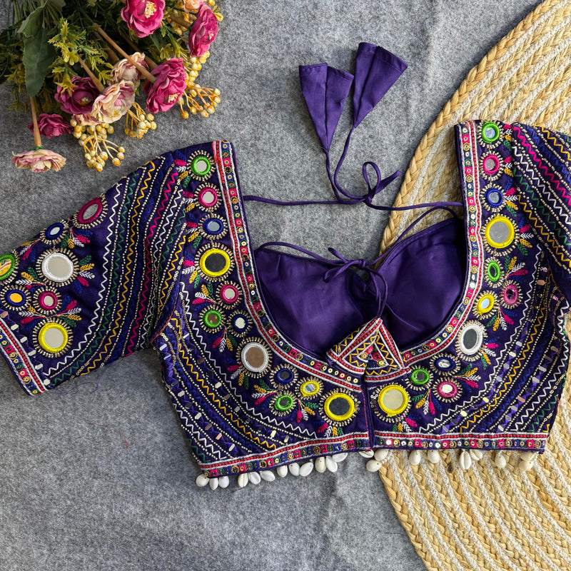 Blue Heavy Italian Gamthi Real Mirror Work Navratri Blouse