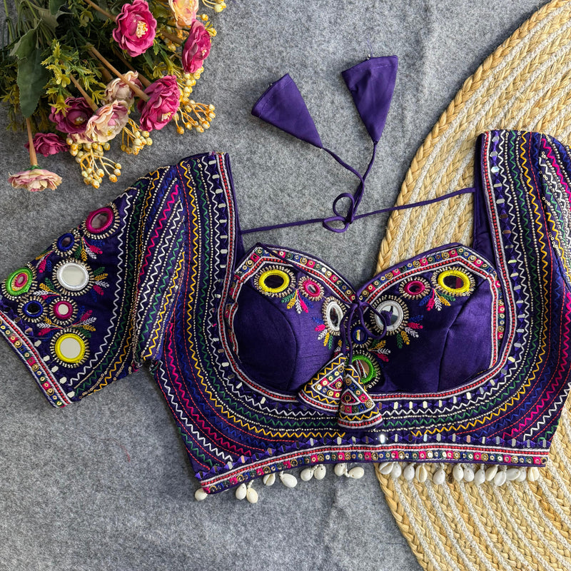 Blue Heavy Italian Gamthi Real Mirror Work Navratri Blouse