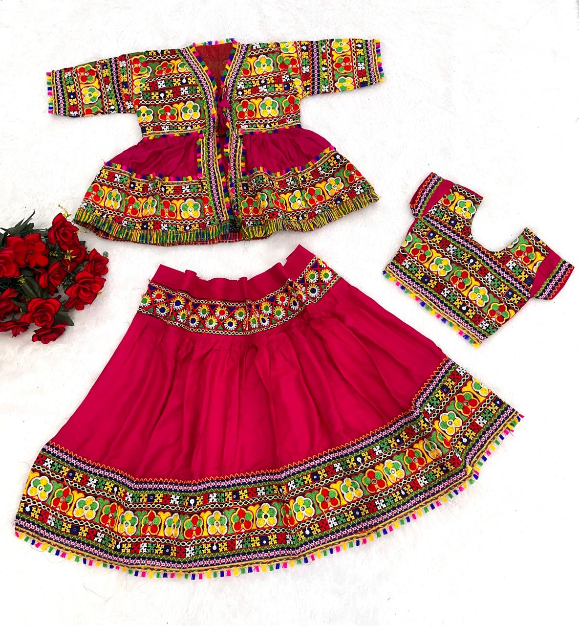 Maroon Pure Rayon Cotton With Embroidery &amp; Mirror Work Kid&