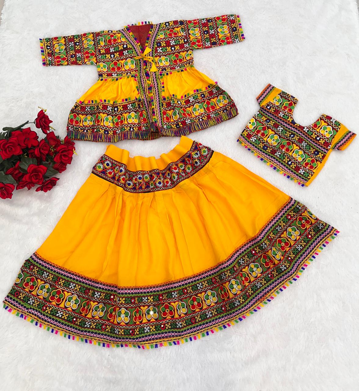 Yellow Pure Rayon Cotton With Embroidery &amp; Mirror Work Kid&