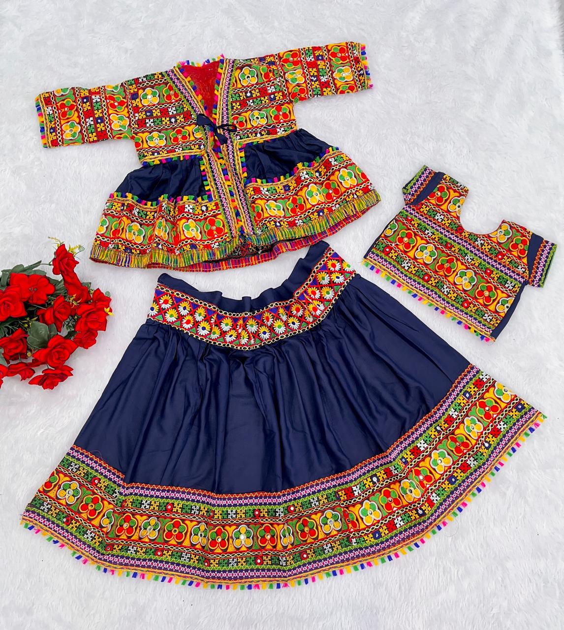 Navy Pure Rayon Cotton With Embroidery &amp; Mirror Work Kid&
