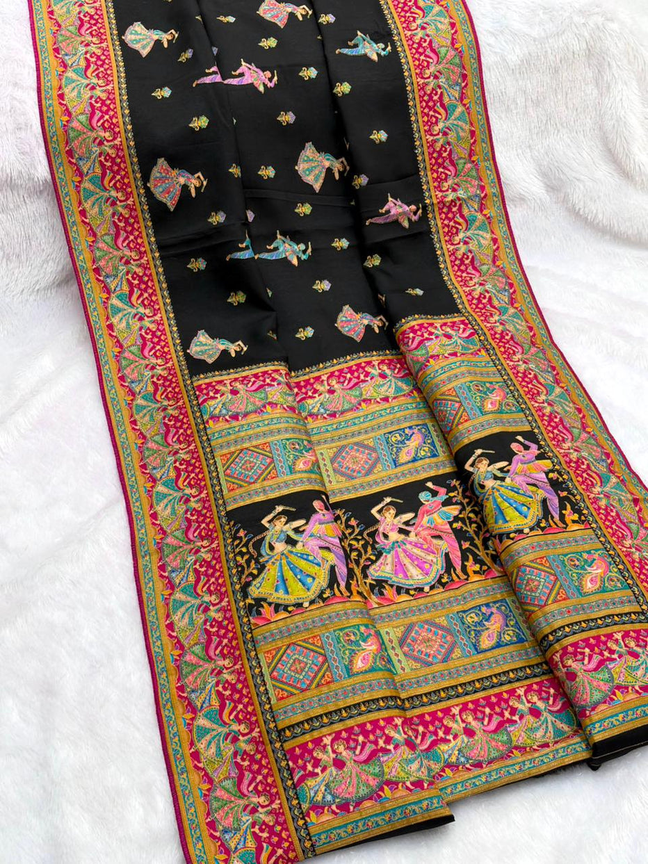 Black Pure Viscose Silk Position Printed Traditional Saree