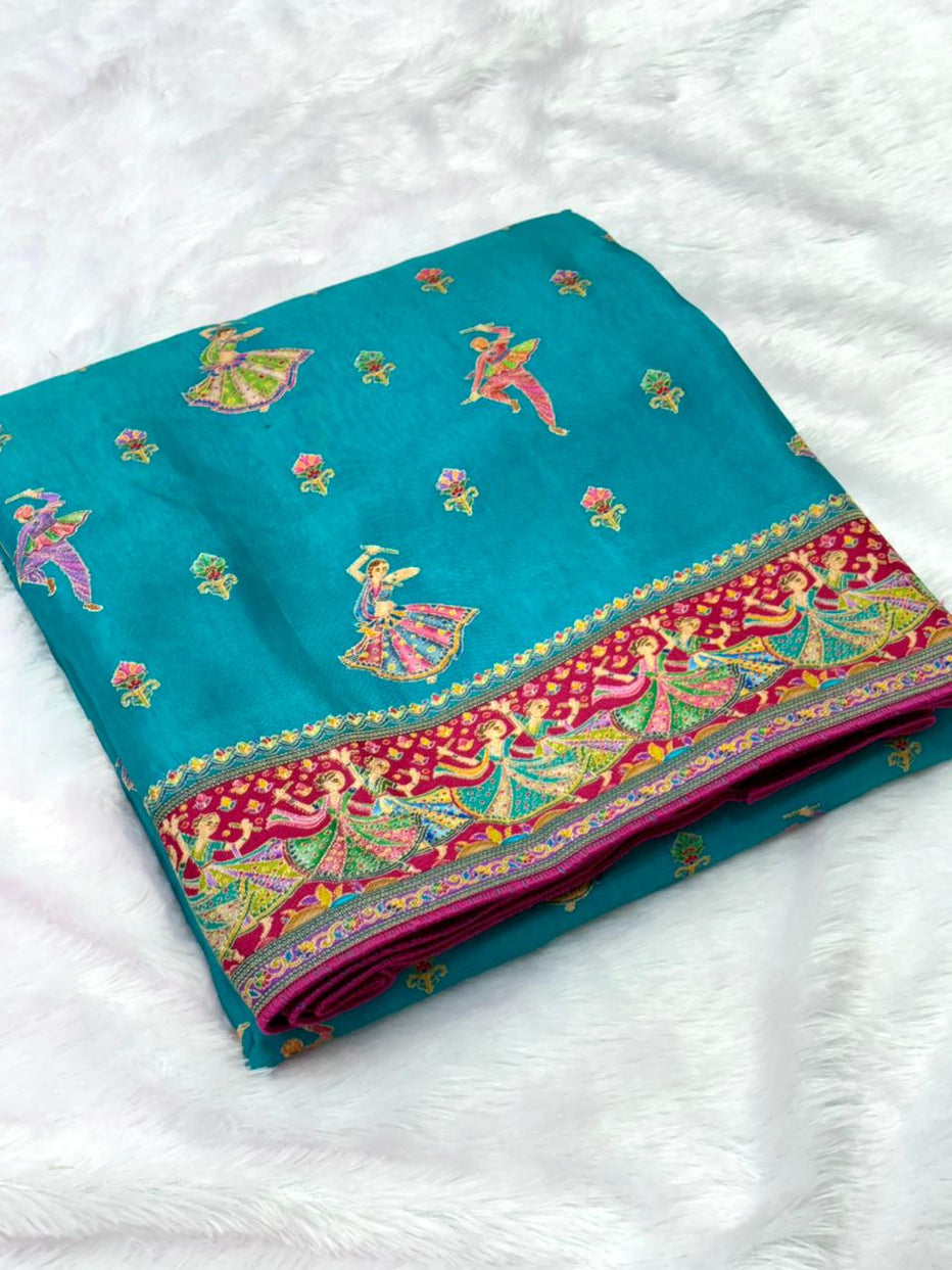 Rama Blue Pure Viscose Silk Position Printed Traditional Saree Soft Silk Saree Anant Tex Exports Pvt.Ltd..