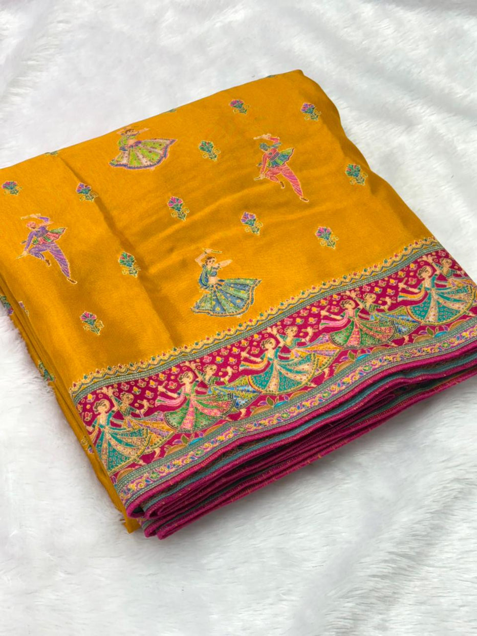 Mustard Pure Viscose Silk Position Printed Traditional Saree