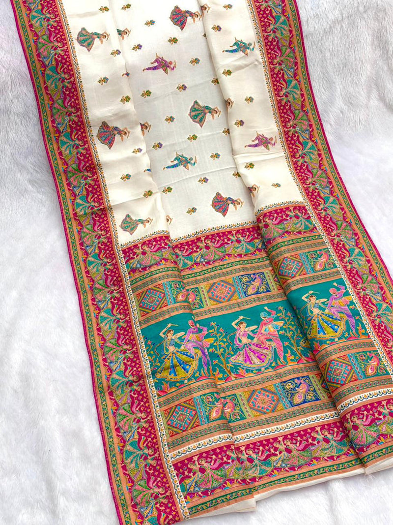 White Pure Viscose Silk Position Printed Traditional Saree