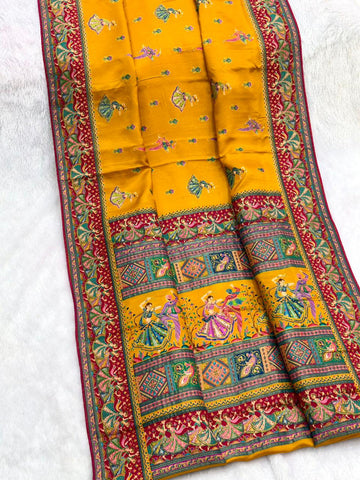 Mustard Pure Viscose Silk Position Printed Traditional Saree