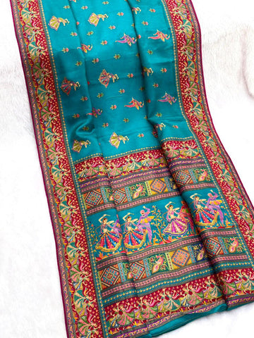 Rama Blue Pure Viscose Silk Position Printed Traditional Saree