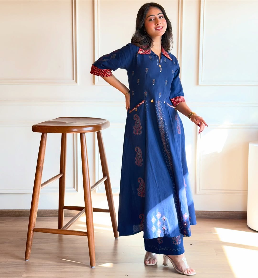 Blue Pure Mix Cotton Kurti Plazo