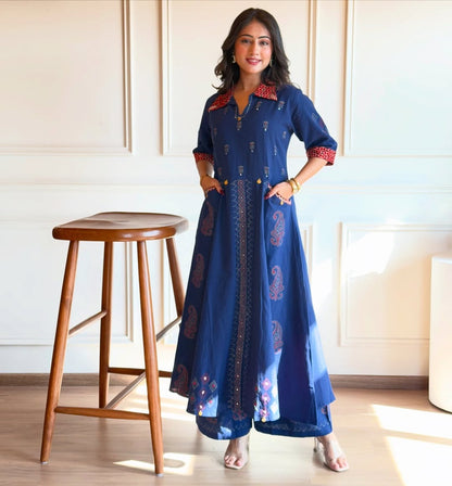 Blue Pure Mix Cotton Kurti Plazo