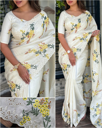 White Pure Tussar Heavy Embroidery Tushar Cotton Saree Tussar Saree Anant Tex Exports Pvt.Ltd..