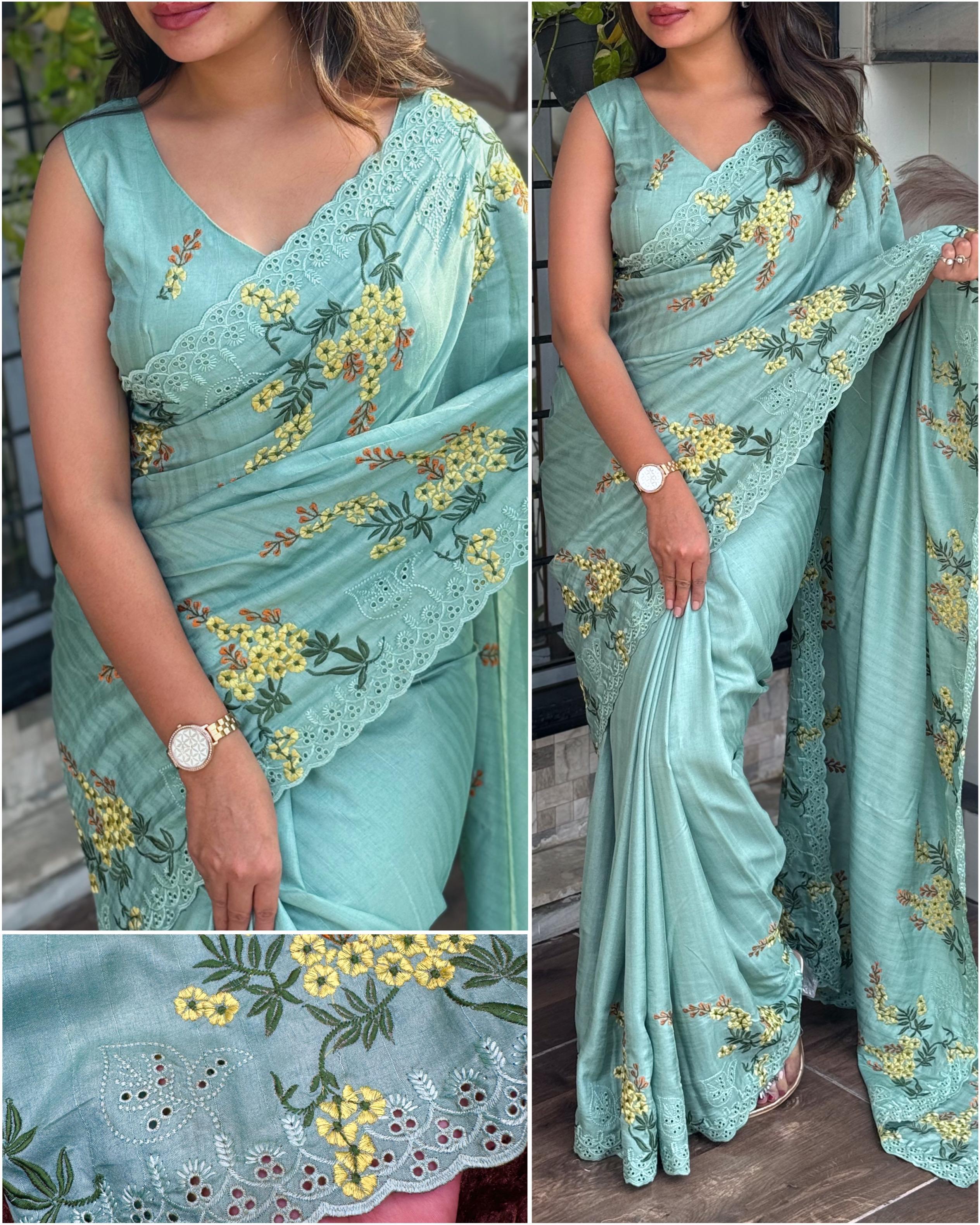 Green Pure Tussar Heavy Embroidery Tushar Cotton Saree Tussar Saree Anant Tex Exports Pvt.Ltd..