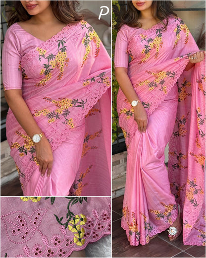 Pink Pure Tussar Heavy Embroidery Tushar Cotton Saree Tussar Saree Anant Tex Exports Pvt.Ltd..