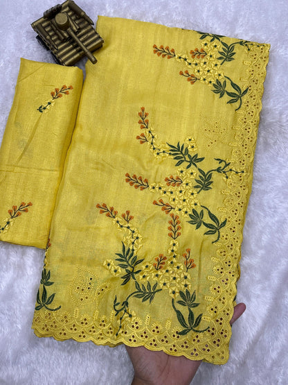 Yellow Pure Tussar Heavy Embroidery Tushar Cotton Saree Tussar Saree Anant Tex Exports Pvt.Ltd..