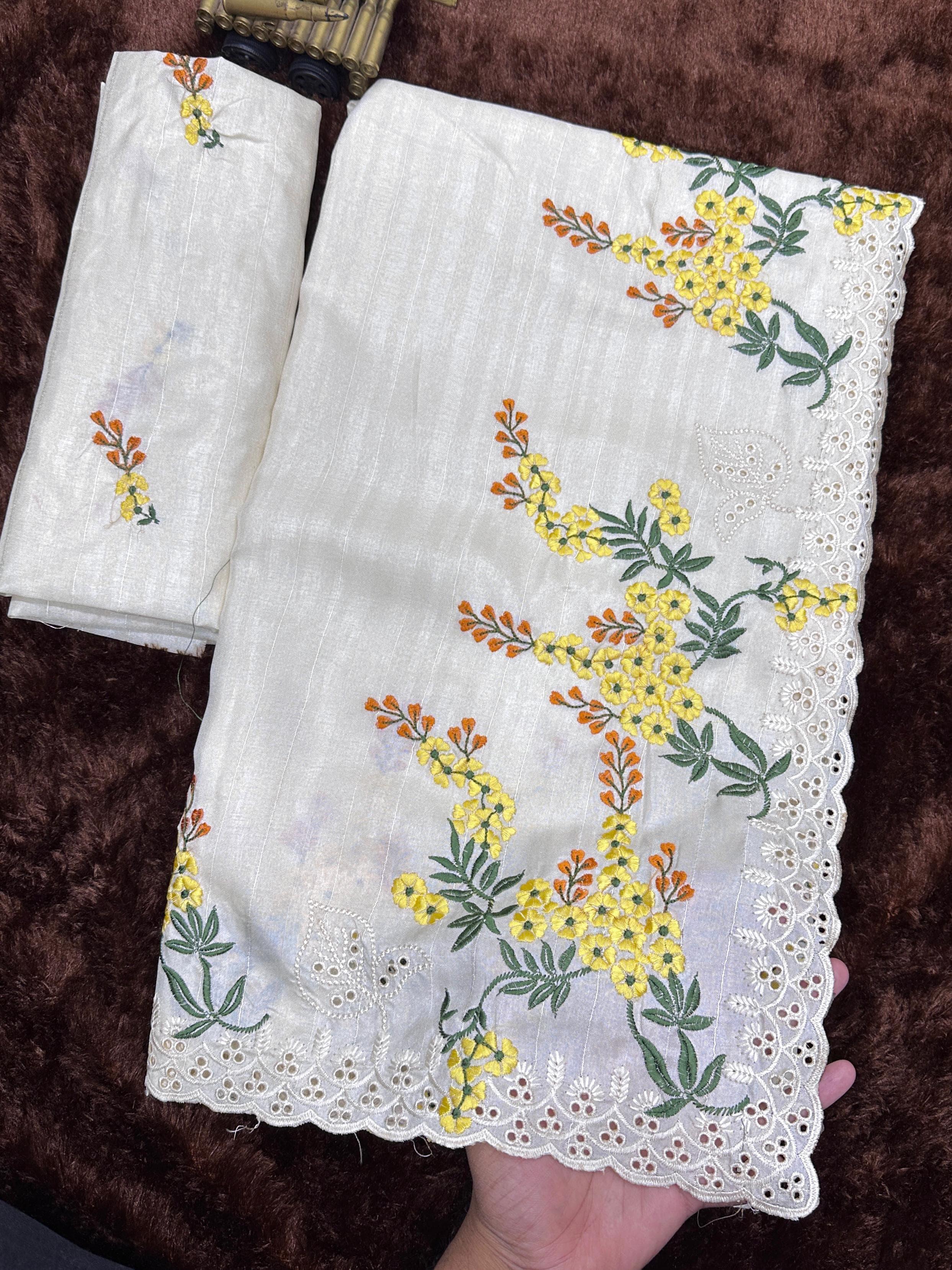 White Pure Tussar Heavy Embroidery Tushar Cotton Saree Tussar Saree Anant Tex Exports Pvt.Ltd..