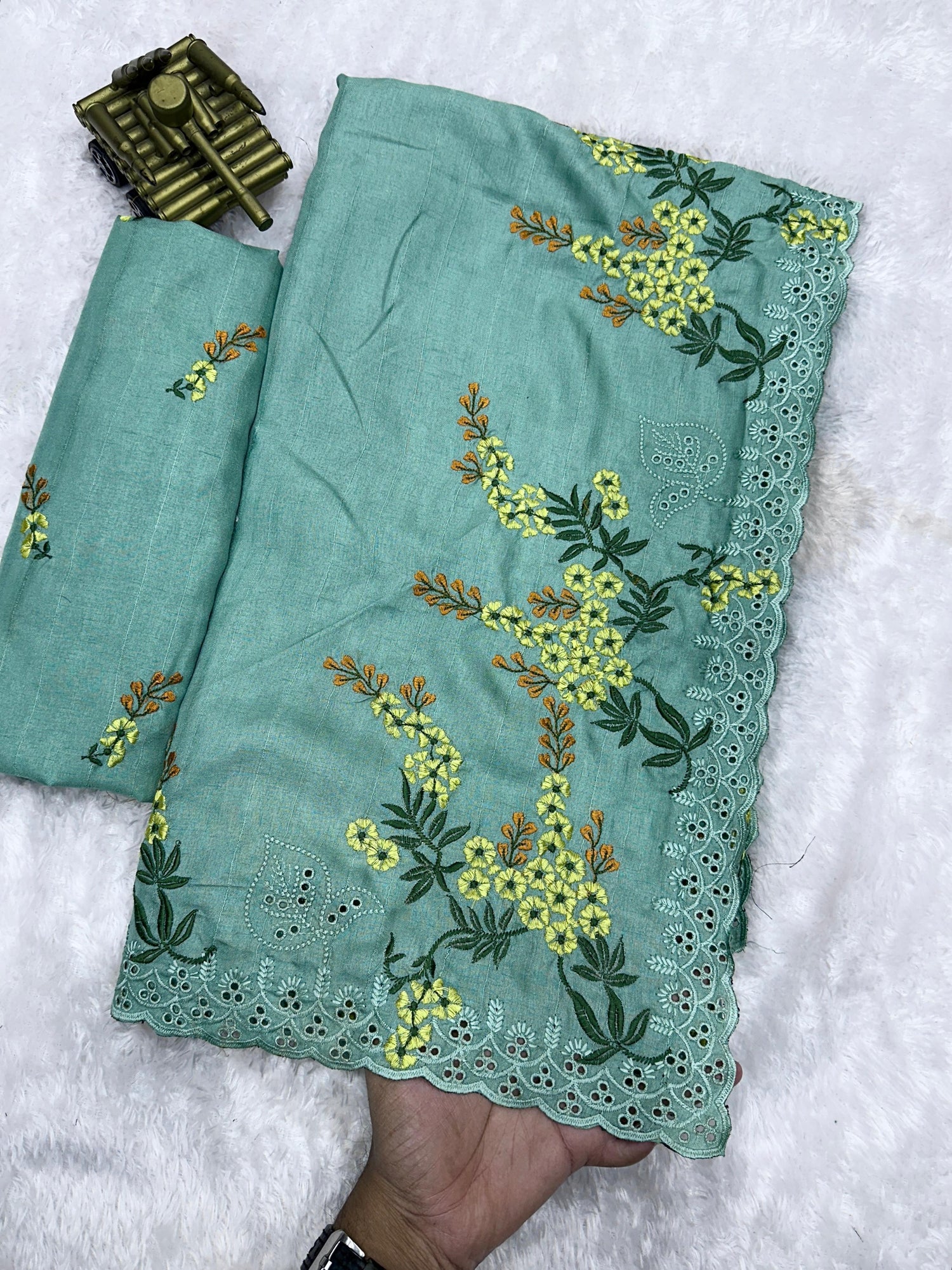 Green Pure Tussar Heavy Embroidery Tushar Cotton Saree Tussar Saree Anant Tex Exports Pvt.Ltd..