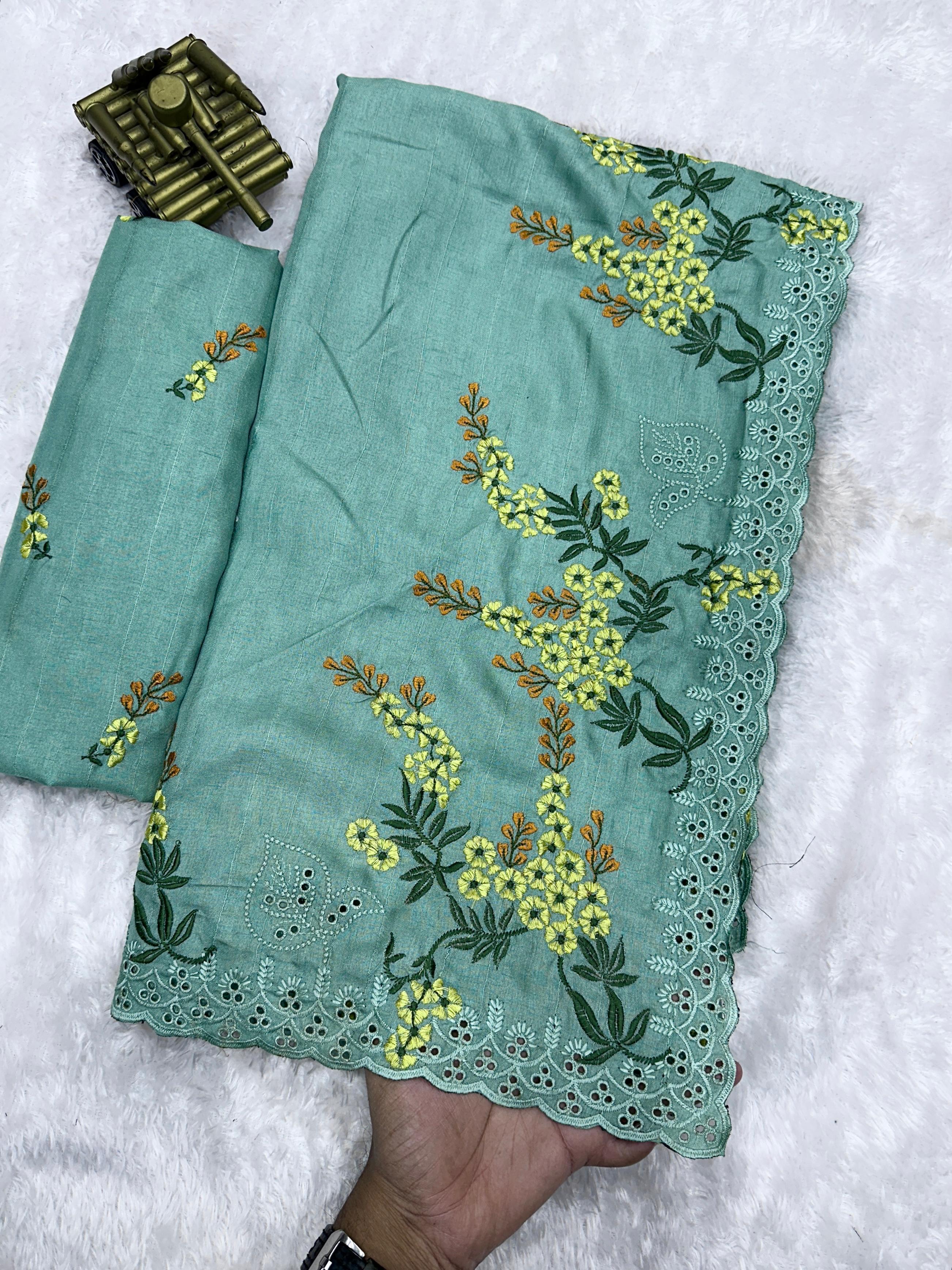 Green Pure Tussar Heavy Embroidery Tushar Cotton Saree Tussar Saree Anant Tex Exports Pvt.Ltd..