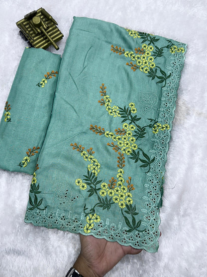 Green Pure Tussar Heavy Embroidery Tushar Cotton Saree Tussar Saree Anant Tex Exports Pvt.Ltd..