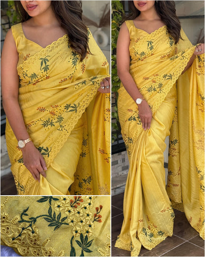 Yellow Pure Tussar Heavy Embroidery Tushar Cotton Saree Tussar Saree Anant Tex Exports Pvt.Ltd..
