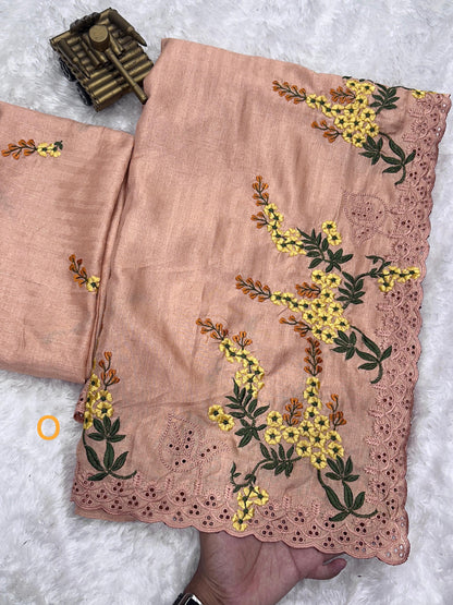 Orange Pure Tussar Heavy Embroidery Tushar Cotton Saree Tussar Saree Anant Tex Exports Pvt.Ltd..