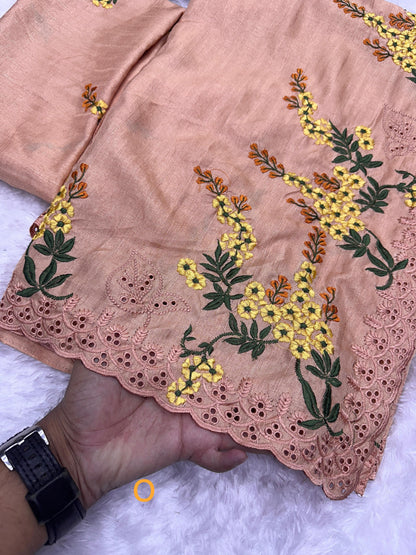 Orange Pure Tussar Heavy Embroidery Tushar Cotton Saree Tussar Saree Anant Tex Exports Pvt.Ltd..