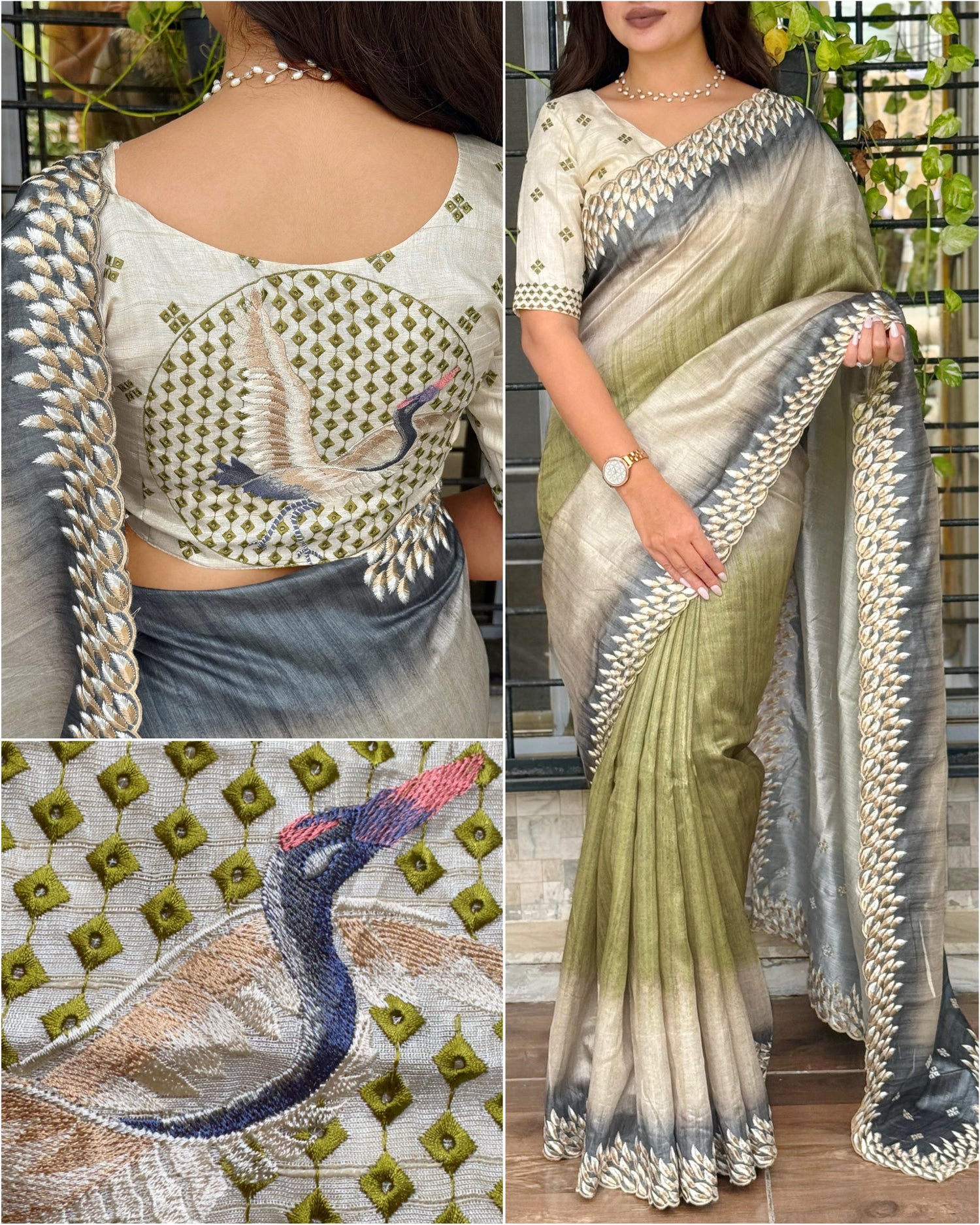 Green Shaded Pure Tussar Heavy Embroidery Tushar Saree Tussar Saree Anant Tex Exports Pvt.Ltd..